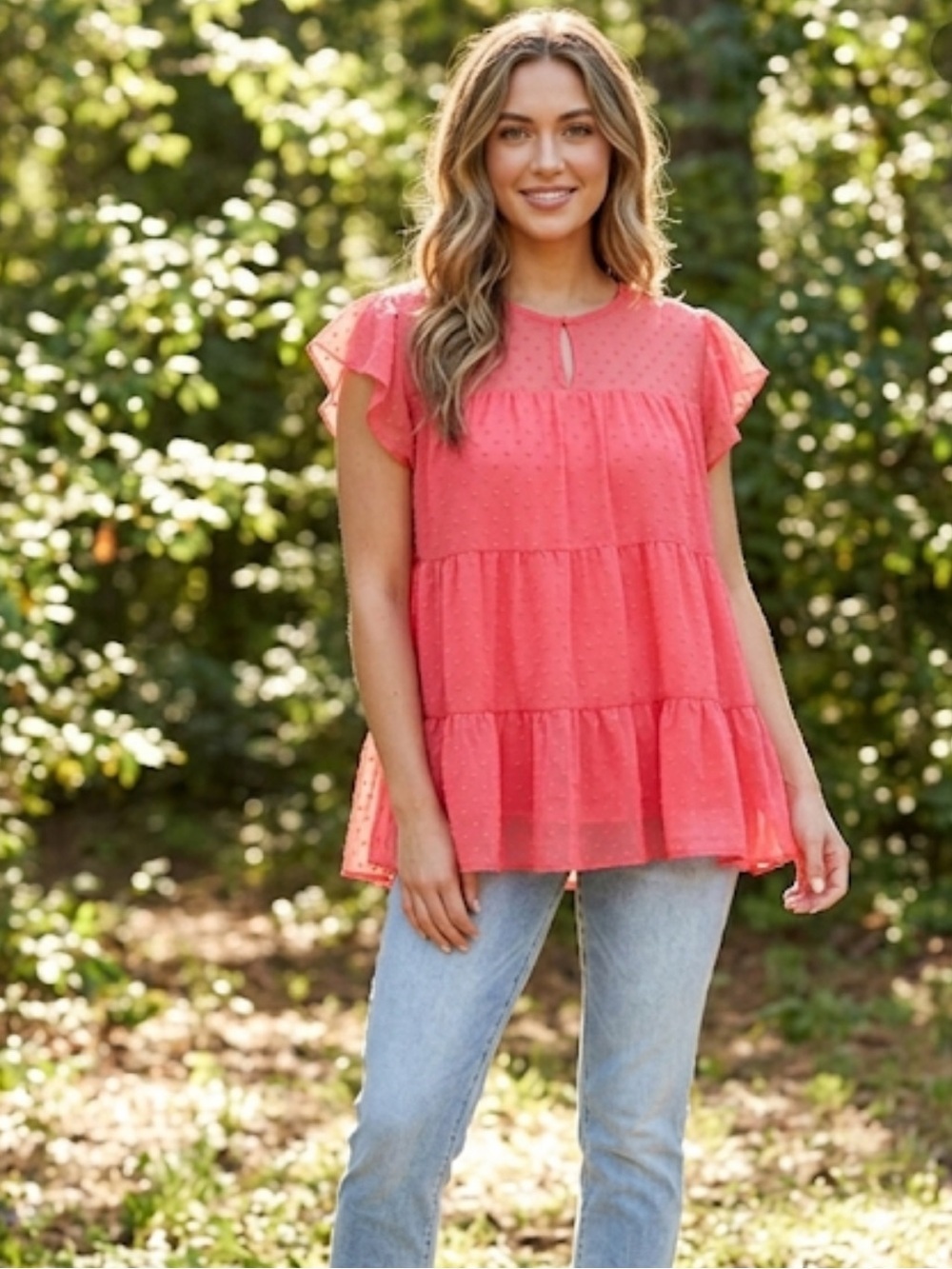 Entro Coral Tiered Ruffle Sleeve Blouse